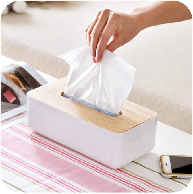 Tissue Box with White Body and Wooden Lid: Minimalist Design, Moisture - Proof and Sealed, Suitable for Multiple Scenarios