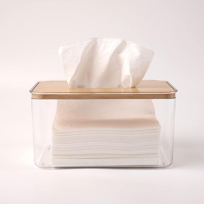 Transparent Acrylic Tissue Box with Bamboo - Wood Lid: Clear and Visible, Easy to Access, Suitable for Multiple Scenarios