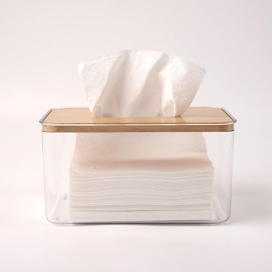Transparent Acrylic Tissue Box with Bamboo - Wood Lid: Clear and Visible, Easy to Access, Suitable for Multiple Scenarios