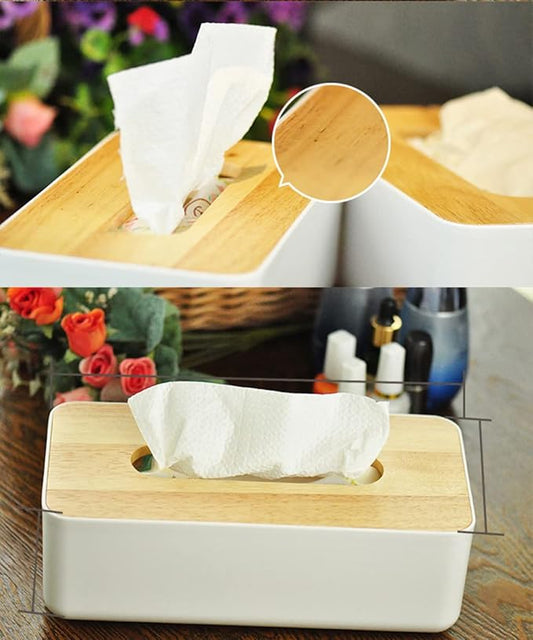 Tissue Box with White Body and Wooden Lid: Minimalist Design, Moisture - Proof and Sealed, Suitable for Multiple Scenarios