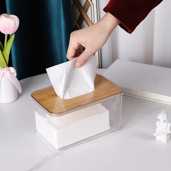 Transparent Acrylic Tissue Box with Bamboo - Wood Lid: Clear and Visible, Easy to Access, Suitable for Multiple Scenarios