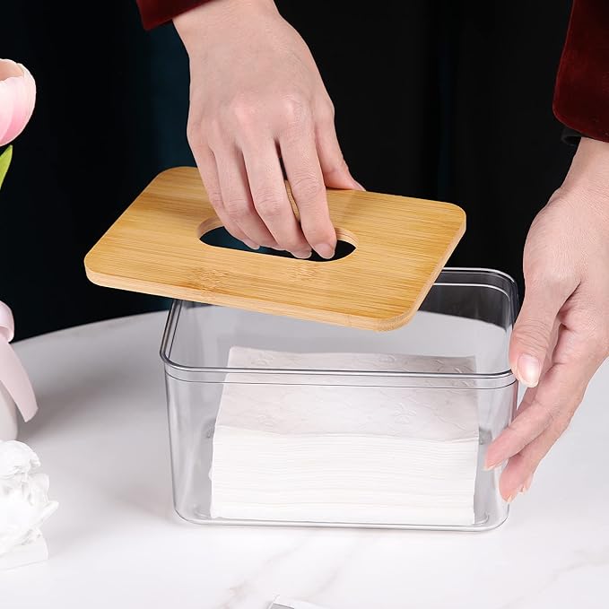 Transparent Acrylic Tissue Box with Bamboo - Wood Lid: Clear and Visible, Easy to Access, Suitable for Multiple Scenarios