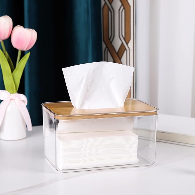 Transparent Acrylic Tissue Box with Bamboo - Wood Lid: Clear and Visible, Easy to Access, Suitable for Multiple Scenarios